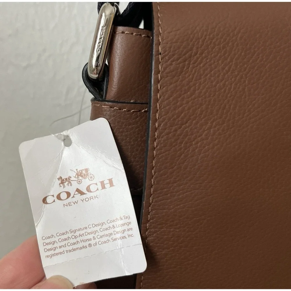 NWT COACH F28576 Charles Messenger Brown Leather $375 blue striped strap 10x13